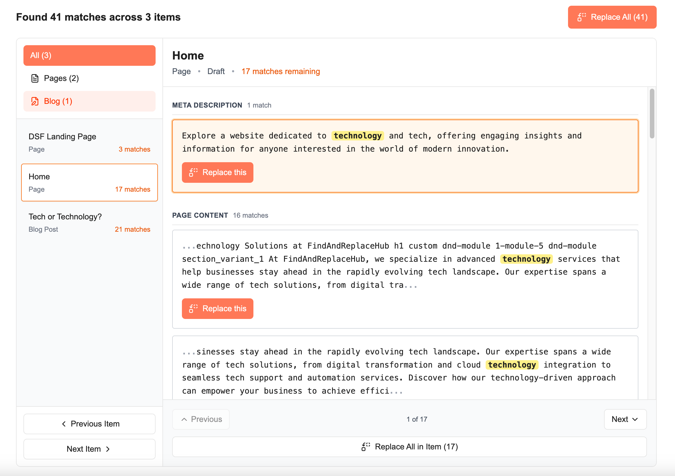 Find and Replace Hub - Results View